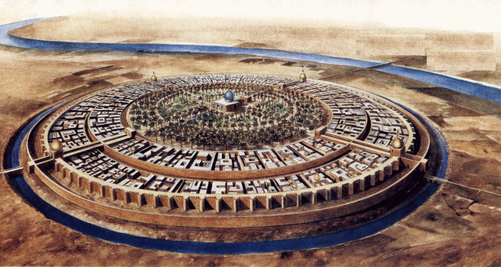 Illustration représentant la ville ronde de Bagdad, avec ses murailles circulaires entourant des bâtiments et des jardins, et le palais central sous une coupole, située au bord d'une rivière