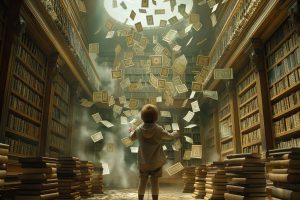 Un enfant debout au centre d'une grande bibliothèque ancienne_entouré de piles de livres-savoir-knowledge.com