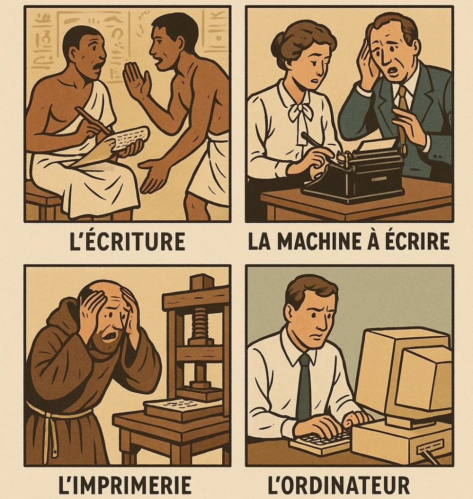 La peur du progès Illustration humoristique montrant la peur du progrès à travers les âges-savoir-knolwedge.com