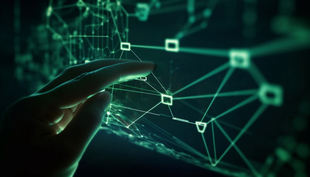 Wireless businessman holding futuristic internet equipment network generated by AI